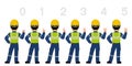 Set of industrial worker showing 0-5 hand sign on white background