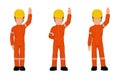 Set of industrial workers are raising his hand overhead