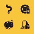 Set Industry metallic pipe, Vacuum cleaner, Bar of soap and Dishwashing bottle and plate icon with long shadow. Vector