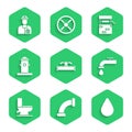 Set Industry pipe and valve, metallic, Water drop, tap, Toilet bowl, Fire hydrant, Well and Plumber icon. Vector Royalty Free Stock Photo