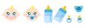 Set of infant child faces icons, baby bottles with milk, pacifiers baby dummies,nipple