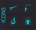 Set Inflatable boat with motor, Fishing net, rod and hook and worm icon. Black square button. Vector Royalty Free Stock Photo