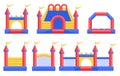 Set of inflatable bouncy castles and children hills on playground. Childhood activity in the park. Flat style