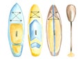 A set of inflatable surfboards with a paddle. Royalty Free Stock Photo