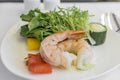 Set inflight meal shrimp on a tray, on a white table Royalty Free Stock Photo