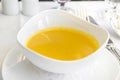 Set inflight meal soup on a tray, on a white table Royalty Free Stock Photo