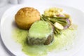 Set inflight meal steak on a tray, on a white table Royalty Free Stock Photo