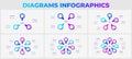 Set of infographic circles elements and arrows. Vector diagrams with 3, 4, 5, 6, 7 and 8 options, steps or processes