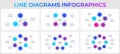 Set of infographic circles elements and thin lines. Vector diagrams with 3, 4, 5, 6, 7 and 8 options, steps or processes