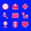 Set Infographic of city map navigation, Traffic light, Route location, Stop sign, Search, World globe with compass and