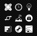 Set Infographic element, Clock, Light bulb, Pie chart infographic, Old hourglass with sand, Graph, chart, diagram, Arrow Royalty Free Stock Photo