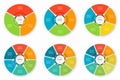 Set of infographic process charts. Circular design templates with 3, 4, 5, 6, 7, 8 arrows pointing to the center.