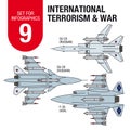 Set for infographics # 9: international terrorism and war. Military aircraft.