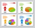 Set of infographics from stylized figure of man and of bulk isometric pie charts. For presentation, annual report