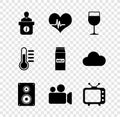 Set Information desk, Heart rate, Wine glass, Stereo speaker, Movie Video camera and Television tv icon. Vector