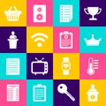 Set Information desk, Thermometer, Crown, Document, Wi-Fi wireless network and Speaker icon. Vector Royalty Free Stock Photo