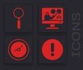 Set Information, Magnifying glass, Online education and Clock icon. Vector