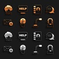 Set Information, Speech bubble chat, Man with headset, Microphone, New, email incoming message, Address book, and text