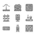 Set Information stand, Suitcase, Railway map, Wine bottle with glass, QR code ticket train, End of railway tracks Royalty Free Stock Photo