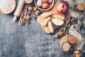 A set of ingredients for cooking dishes from dough, baking. Eggs and flour on a black background.Baking background Royalty Free Stock Photo