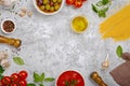 Set of ingredients for cooking Italian pasta on light surface Royalty Free Stock Photo