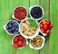 Set of ingredients for a healthy food breakfast - muesli, fresh and dried fruit, nuts, goji Royalty Free Stock Photo