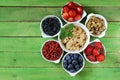 Set of ingredients for a healthy food breakfast - muesli, fresh and dried fruit, nuts, goji Royalty Free Stock Photo