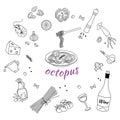 A set of ingredients for making Pasta with octopus. Doodle style. Vector graphics.