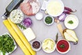 Set of ingredients for pizza, quiche or savory pie Royalty Free Stock Photo
