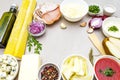 Set of ingredients for pizza, quiche, savory pies. Dough, jerked meat, pork, blue cheese, mozzarella, tomato ketchup, sour cream Royalty Free Stock Photo