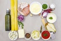 Set of ingredients for pizza, quiche, savory pies. Dough, meat, blue cheese, mozzarella, tomato ketchup, sour cream sauces, pear Royalty Free Stock Photo