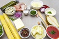 Set of ingredients for pizza, quiche, savory pies Royalty Free Stock Photo