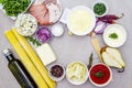 Set of ingredients for pizza, quiche, savory pies Royalty Free Stock Photo