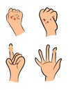 Set of Injured finger and hand with adhesive plaster and red blood puddle. Vector illustration on white background.