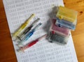 Set of Ink cartridges and dirty refill syringes Royalty Free Stock Photo