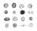 Set of ink hand draw elements square, triangle, circle, heart, spots, spiral, loop, scribble. Vector llustration