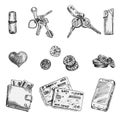 Set of ink sketch finance icons money, coins, wallet, credit cards, heart, keys, lipstick, lighter isolated on white background,