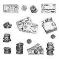 Set of ink sketch finance icons money, coins, wallet, credit cards, scissors isolated on white background, Financial markets