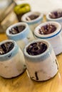 Set of inkwells on the table. selective focus