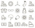 Set of Inline Roller Skates and accessories icons isolated on white background. Outline vector illustration