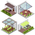 Set of inner courtyard isometric compositions with patio. House with private terrace with covering from above. Covered