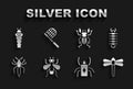 Set Insect fly, Centipede, Dragonfly, Beetle bug, Spider, deer, Larva insect and Butterfly net icon. Vector Royalty Free Stock Photo