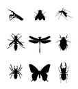 Set of insect vector silhouette illustration isolated on white. Praying mantis. Housefly. Mosquito. Wasp axis or honey bee symbol.