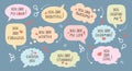 Set of inspirational speech bubbles with compliments, quotes about love for yourself and others. Cartoon icons, stickers Royalty Free Stock Photo