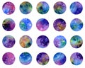 Set of instagram social media story highlights covers icons and emblems, space night sky watercolor background