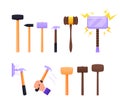 Set of Instruments Sledge Hammer, Wooden and Metal Thor Mallet. Working Tools of Carpenter, Builder Handles Steel Base