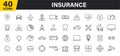Set of 40 Insurance web icons in line style. Business, health, policy, tornado, flood, help. Vector illustration