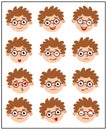 Set of intelligent boys faces in glasses with different emotions