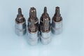 Set of interchangeable torx bits for screwdriver on blue surface Royalty Free Stock Photo
