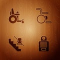 Set Intercom, Electric wheelchair, Disabled elevator and Wheelchair on wooden background. Vector